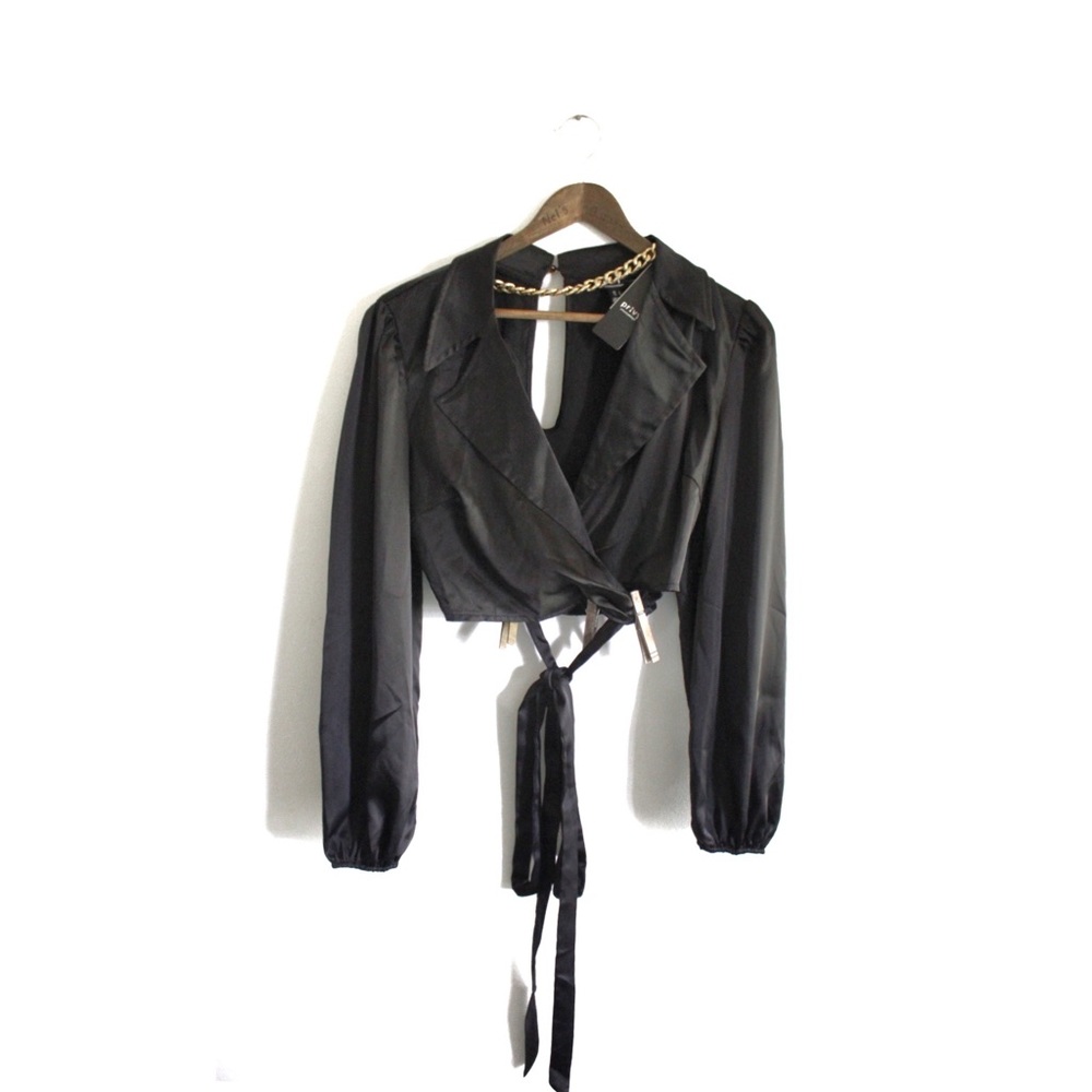 Privy Privately Privileged NWT Black Faux Satin Wrap Cropped Top with Gold Chain